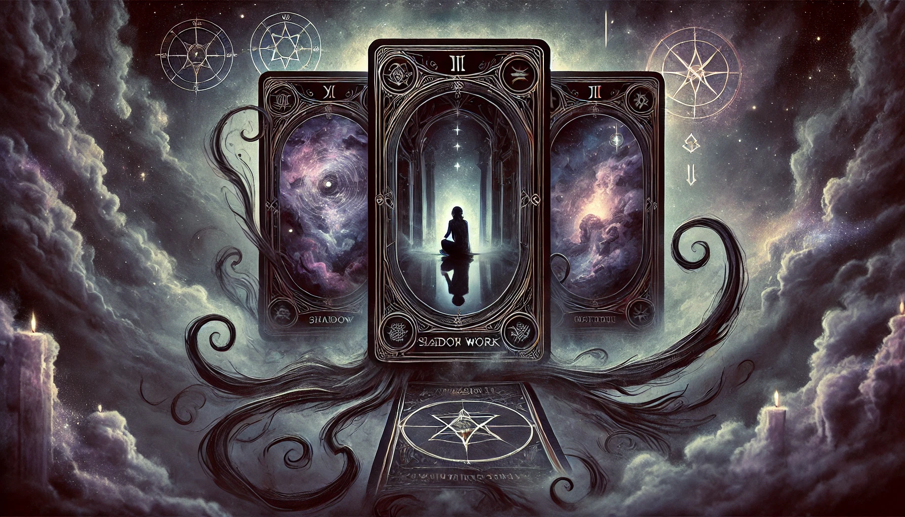 Mystical Tarot Card Reading for Shadow Work – A tarot deck with shadowy, ethereal cards emerging from mist, featuring a figure gazing into a mirror surrounded by dark roots, symbolizing subconscious exploration, emotional patterns, and personal transformation.